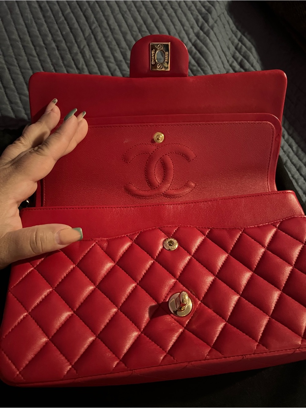 CHANEL Red Quilted Leather Double Flap Shoulder Bag with Gold Hardware